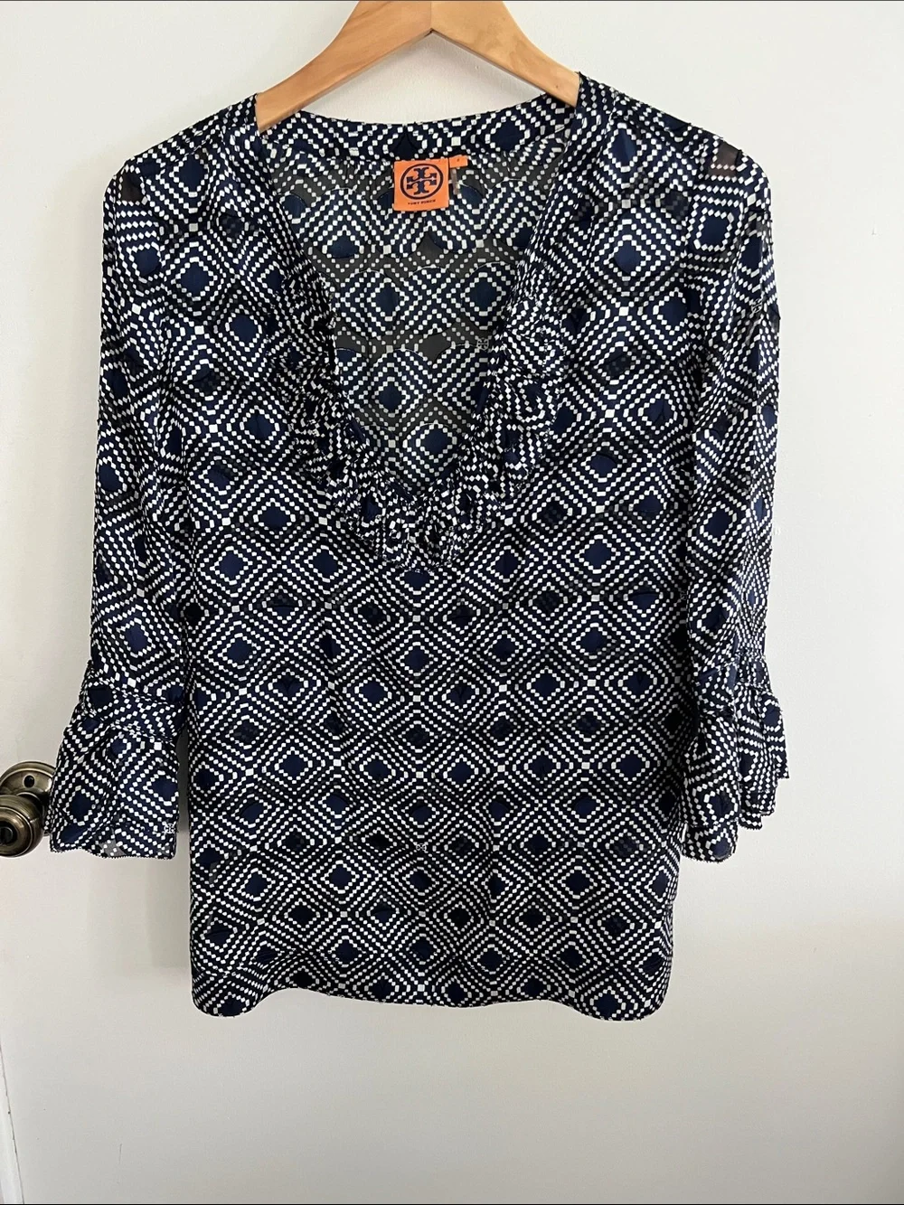 Tory Burch Navy and White Diamond-Print Ruffle V-Neck Tunic Top